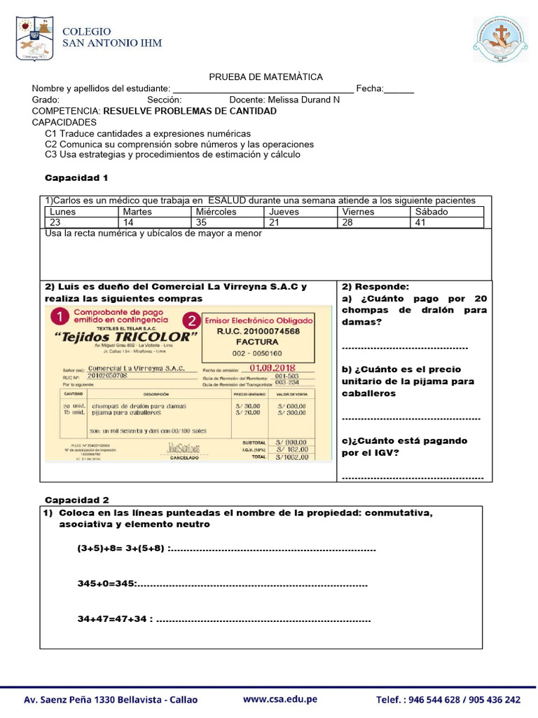Prueba de Matematica Numeros Naturales | PDF