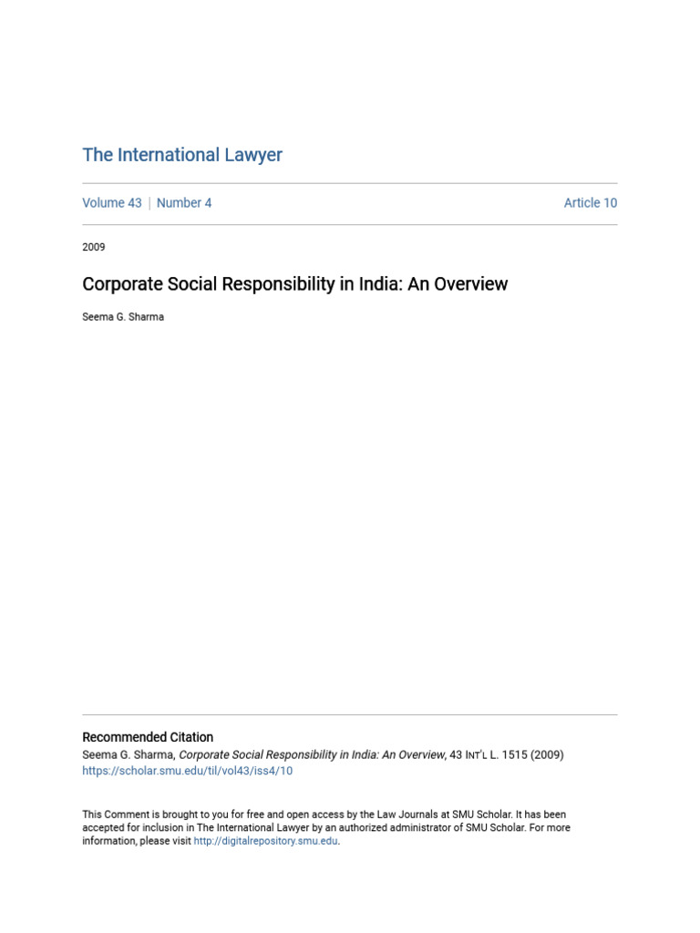 Corporate Social Responsibility in India - An Overview | PDF