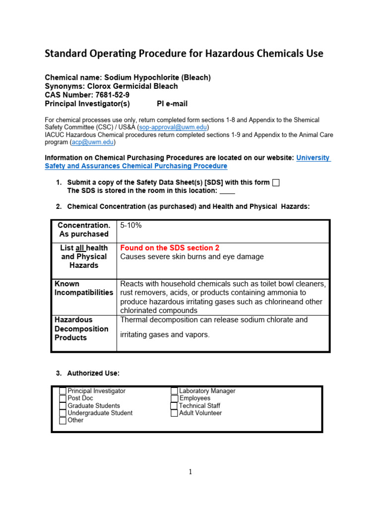 SOP For Bleach Sodium Hypochlorite 1 | PDF