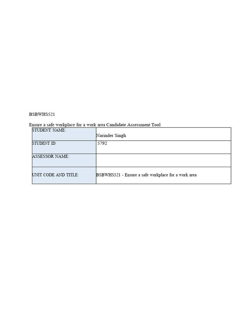 BSBWHS521: Workplace Safety Assessment | PDF | Occupational Safety And ...