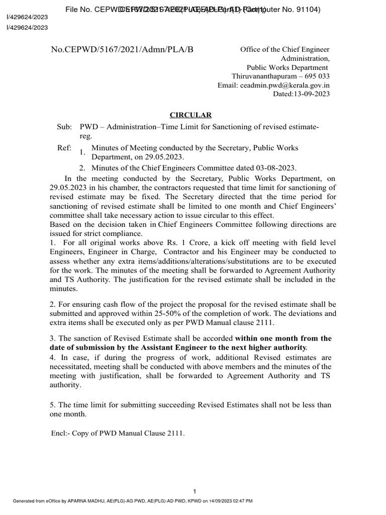 Time Limit For Sanctioning of Revised Estimate - 231015 - 125225 | PDF ...