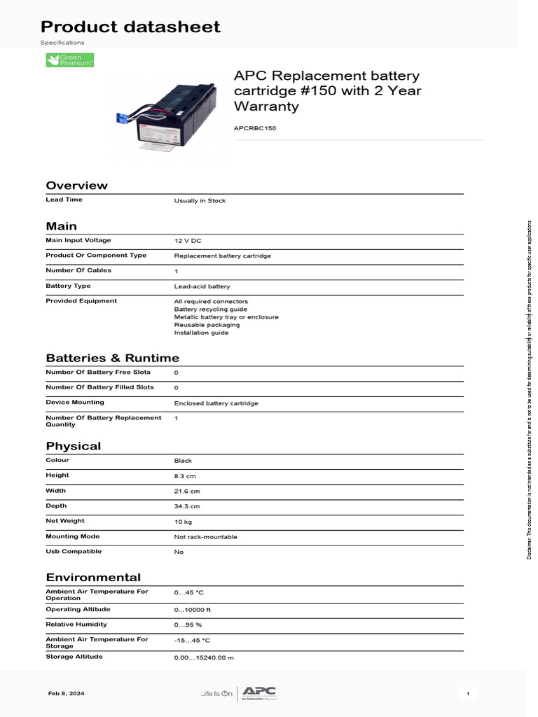 APC RBC150 Battery Cartridge Specs | PDF | Technology & Engineering