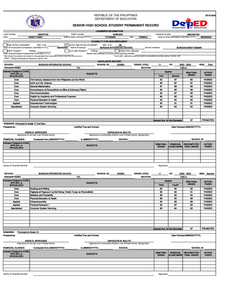 PERMANENT RECORD GIRLS ICT A 2023 | PDF | Middle Schools | Schools