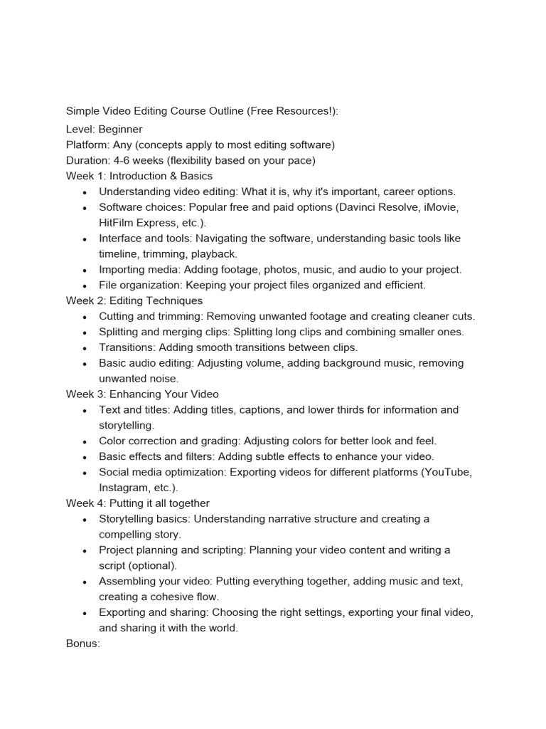 Tech skills outline simple video editing course outline pdf
