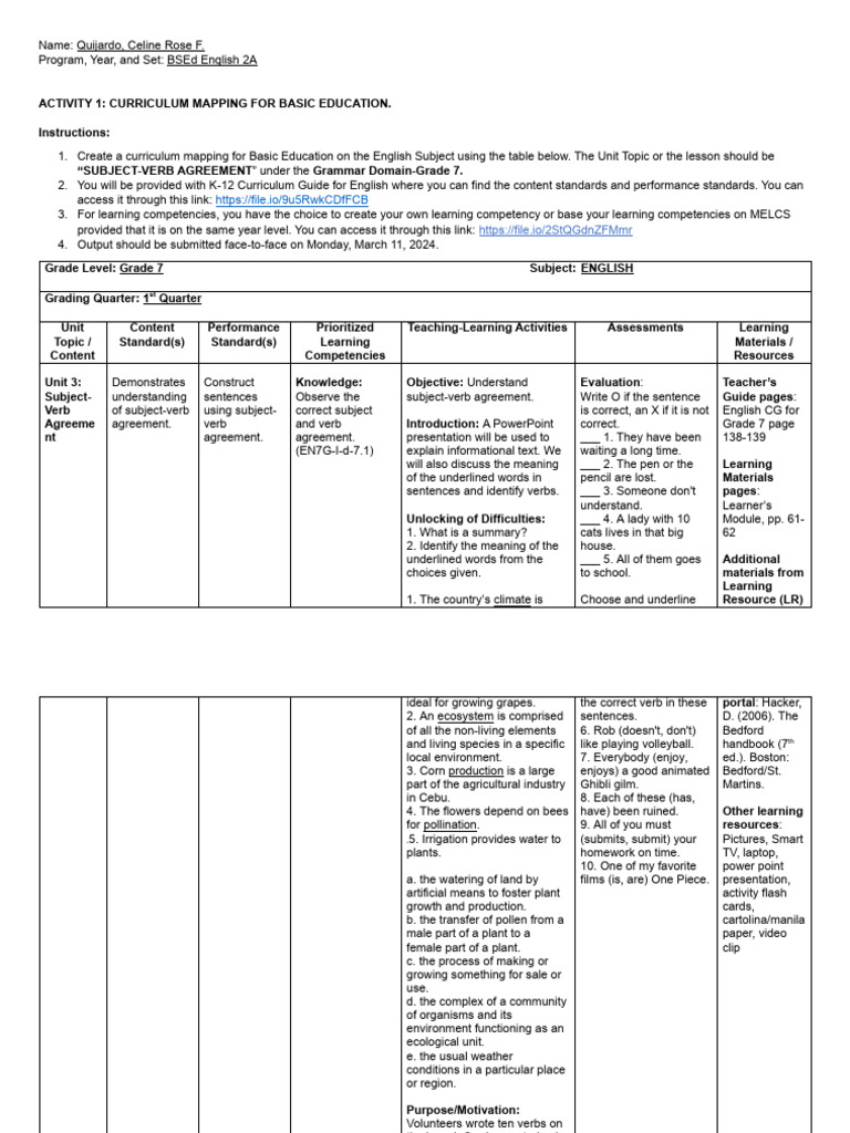 Curriculum Mapping Activity | PDF | Subject (Grammar) | Grammatical Number