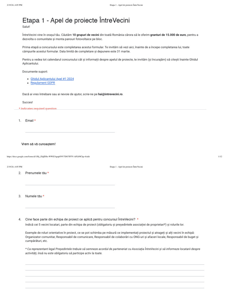Apel #1 2024 - Etapa 1 - Formular de Aplicație - Google Forms | PDF