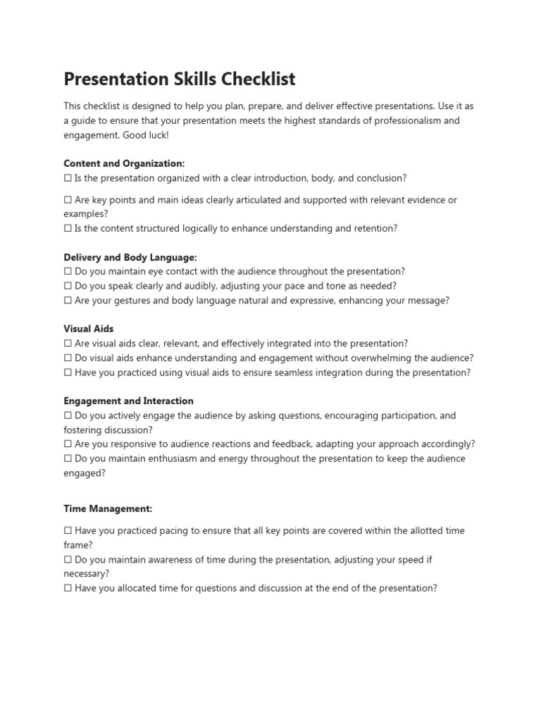 Presentation skills checklist pdf