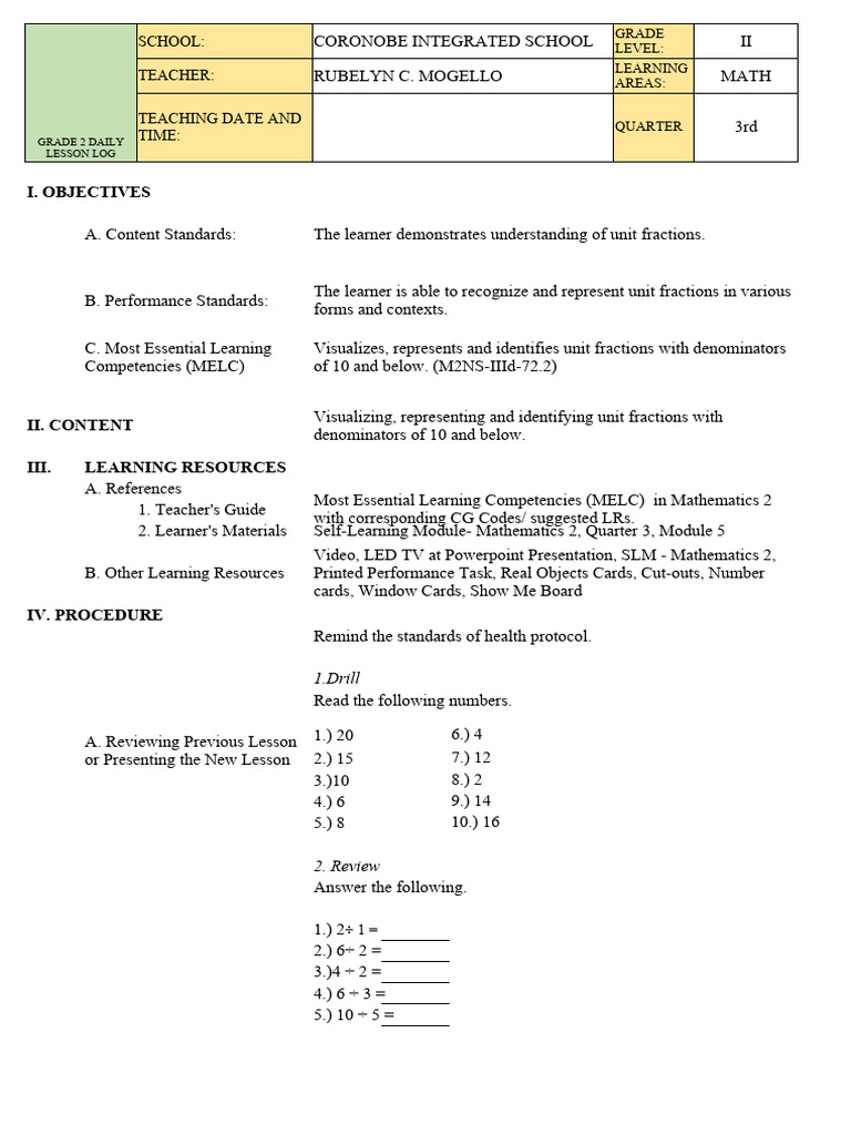 Grade 2 Unit Fractions Lesson Plan | PDF | Learning | Cognition