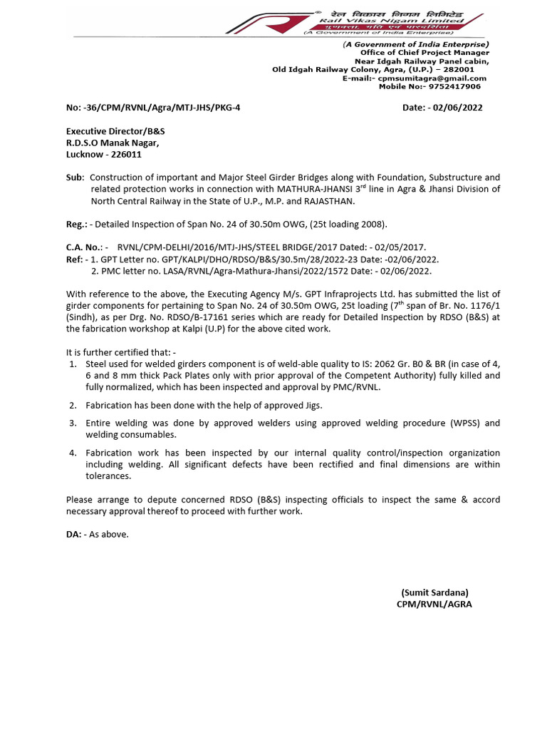 RDSO Inspection Request for Steel Bridge | PDF | Welding | Construction