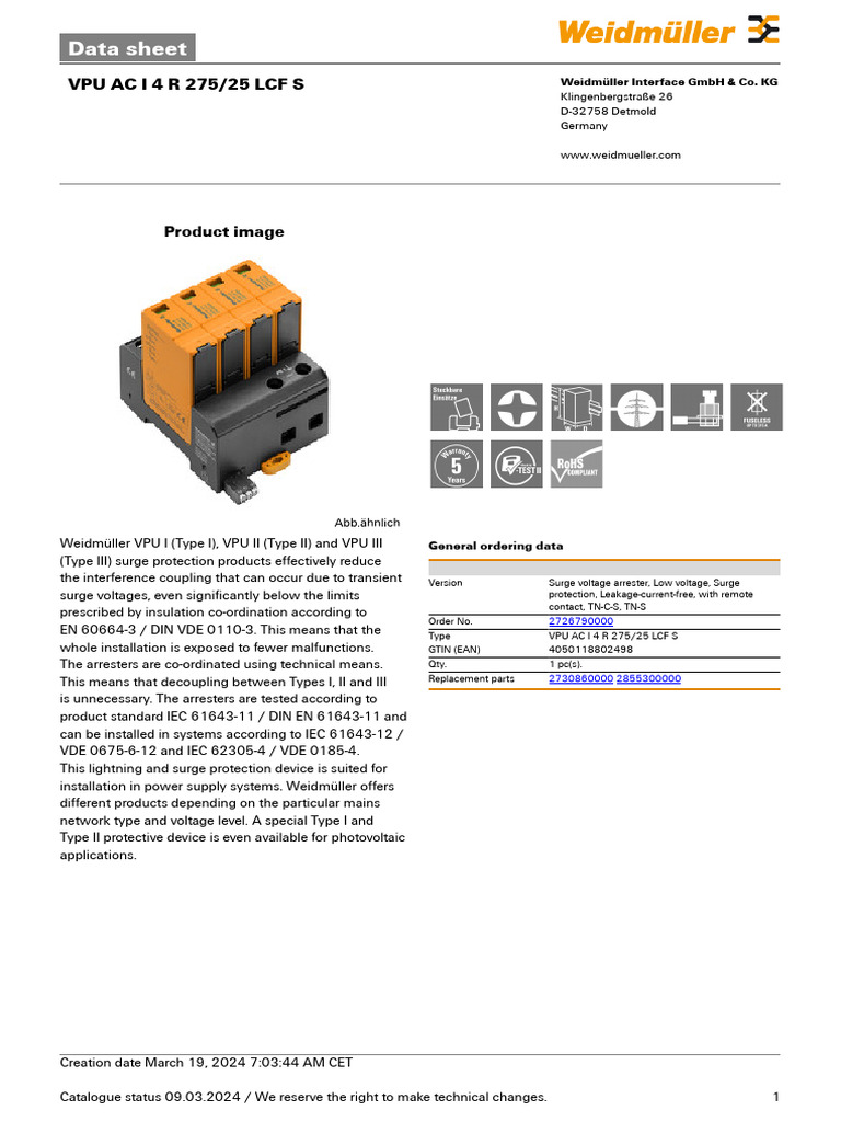 Data Sheet: Vpu Ac I 4 R 275/25 LCF S | PDF | Fuse (Electrical ...