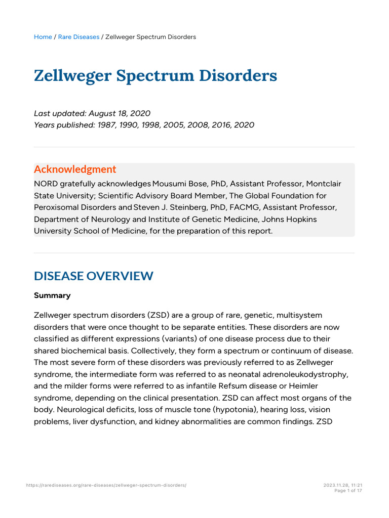 Zellweger Spectrum Disorders - Symptoms, Causes, Treatment - NORD | PDF