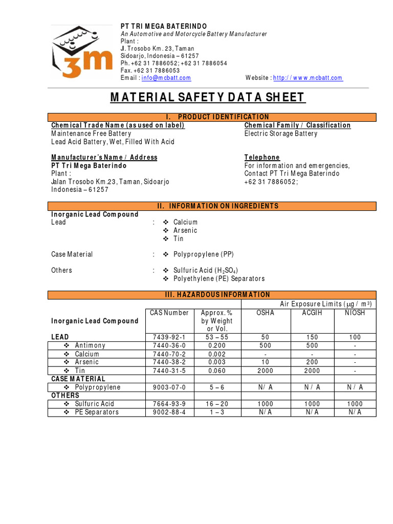 Lead Acid Battery MSDS Overview | PDF