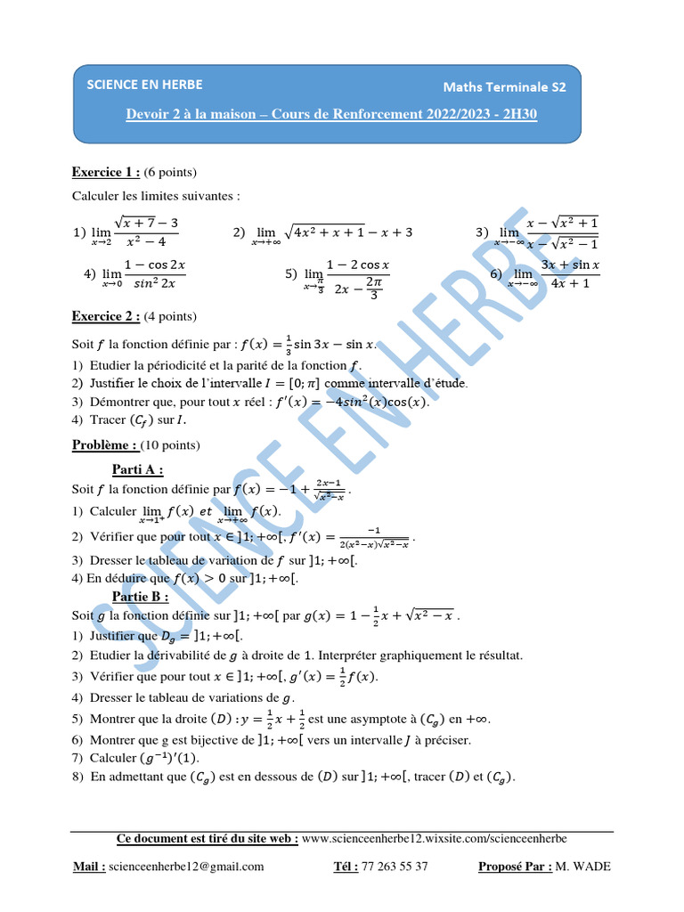 CT Devoir 2 Maths TS2 | PDF | Mathématiques | Analyse mathématique