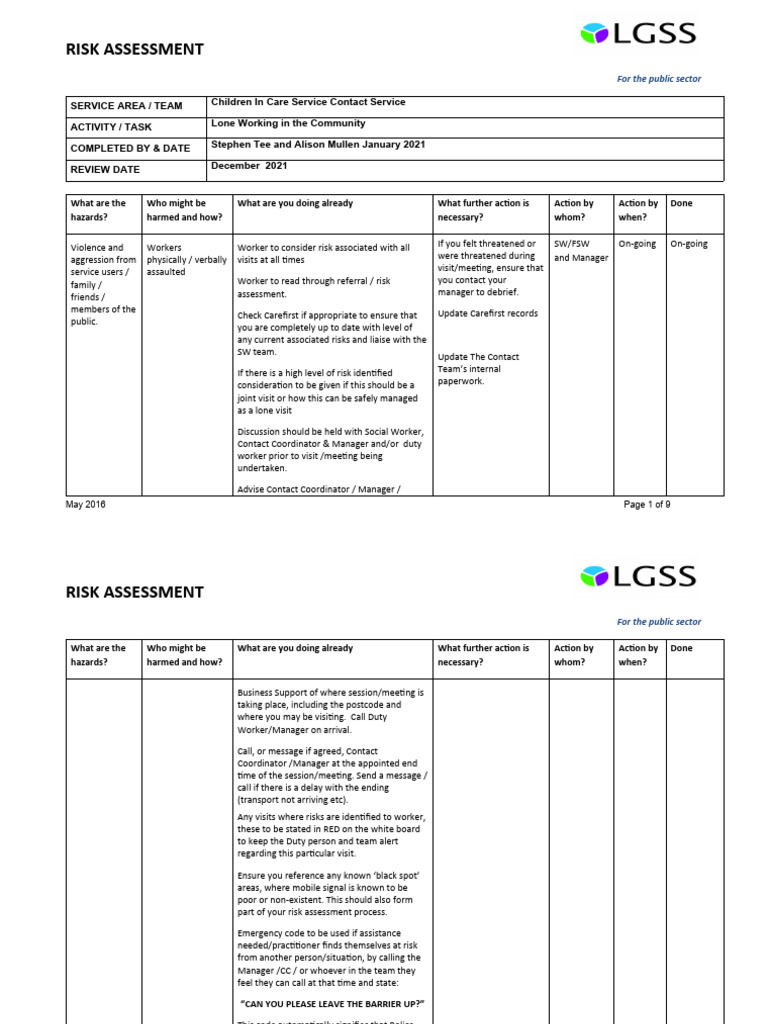 Lone Working Risk Assessment for Care Services | PDF | Risk Assessment ...