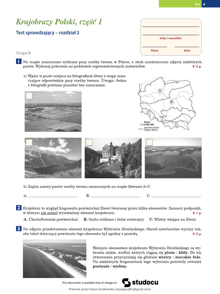 Krajobrazy Polski Klasa 2 2 Test - AB - Krajobrazy Polski CZ 1 | PDF
