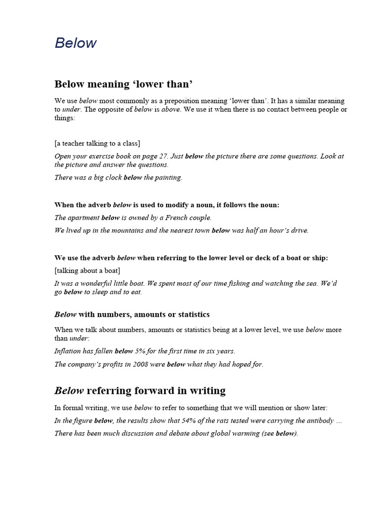 Below, Above, Over - How To Differ | PDF | Adverb | Earth Sciences