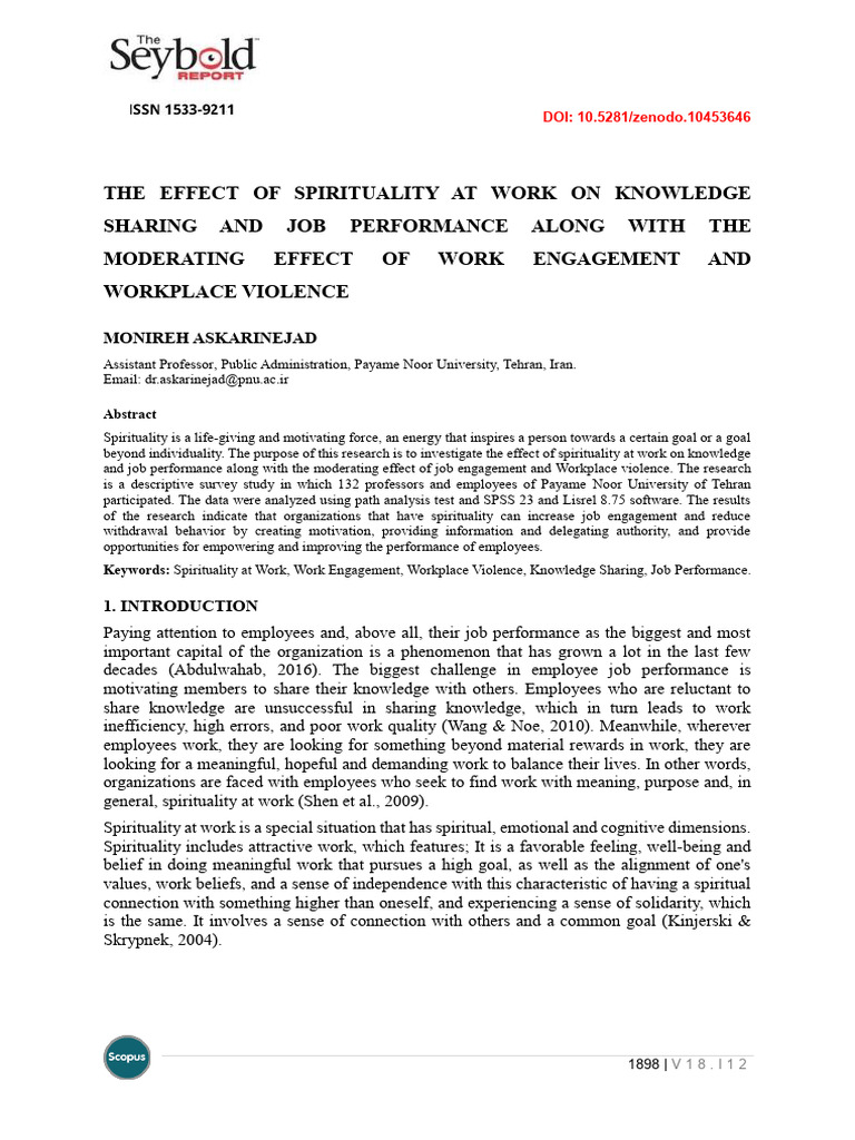 The Effect of Spirituality at Work On Knowledge Sharing and Job ...