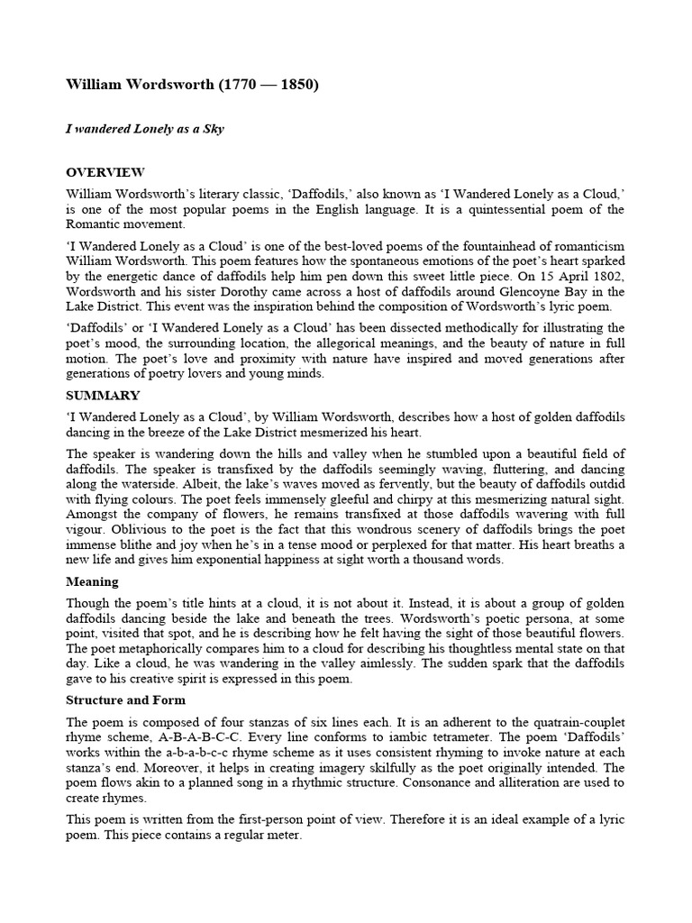 Wordsworth-I Wandered Lonely as a Cloud-Analysis | PDF
