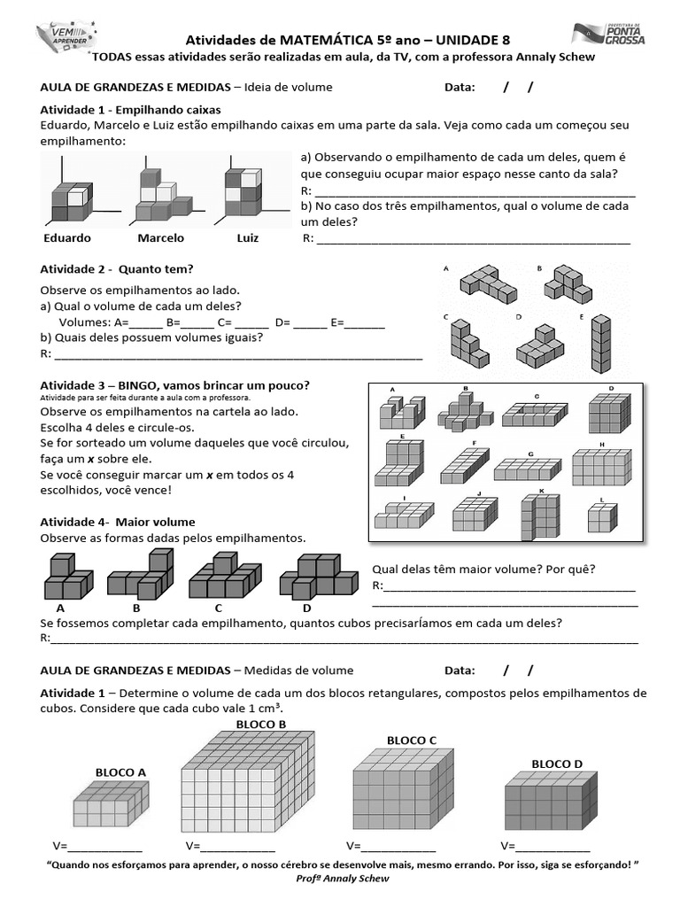 Atividades de Volume 5º Ano | PDF | Métodos e Materiais de Ensino
