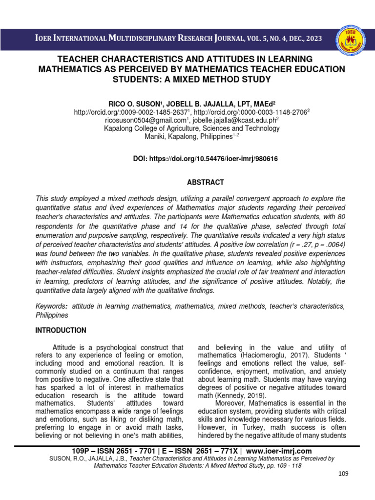 Teacher Characteristics and Attitudes in Learning Mathematics | PDF ...