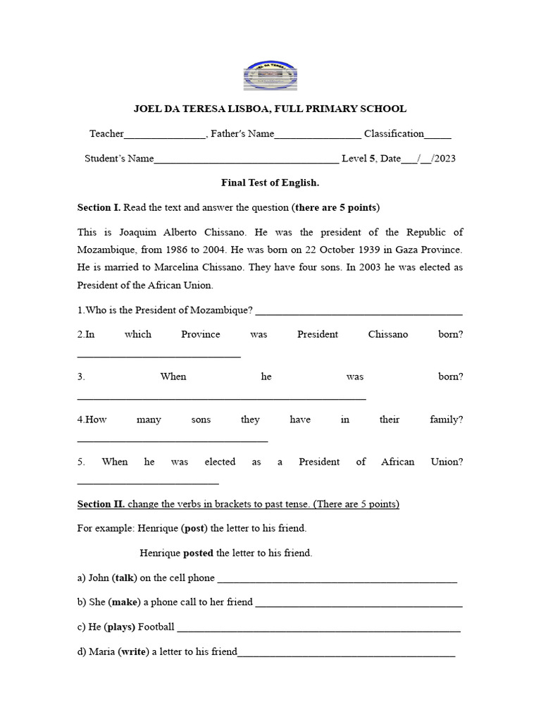 Final Test Of English Grade 5 Download Free Pdf English Language