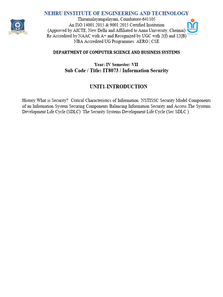 Information Security Unit 1 | PDF | Information Security | Authentication