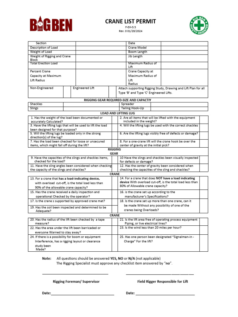 Crane Lift Permit Checklist | PDF | Crane (Machine) | Manufactured Goods