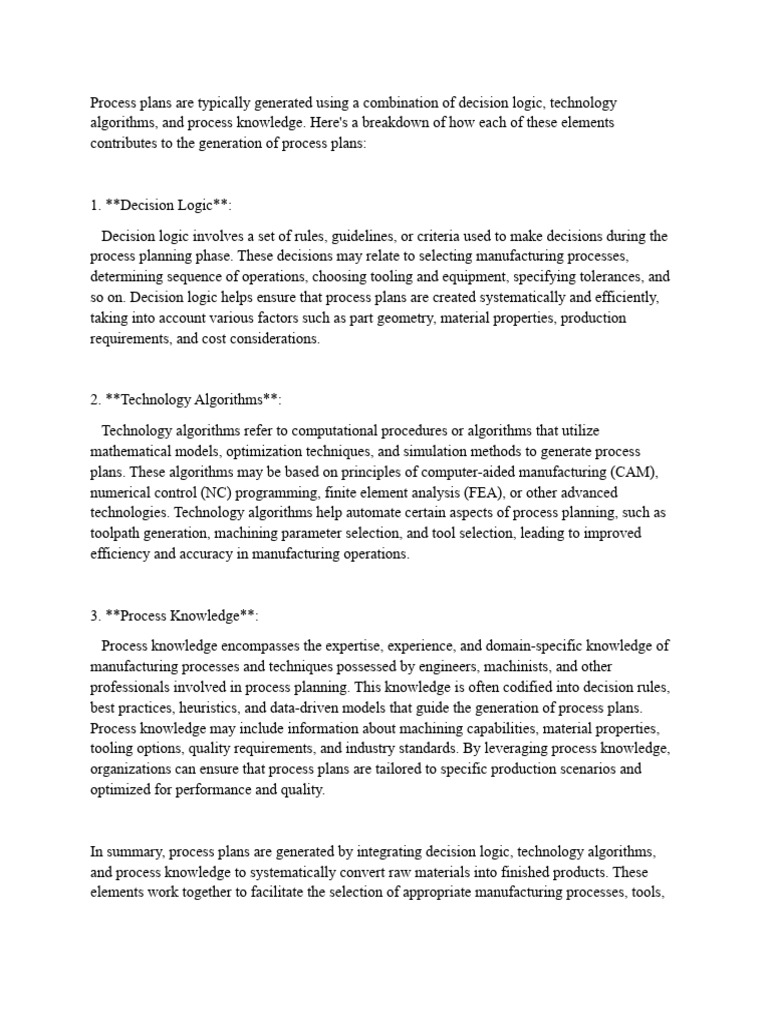 Process Plans Are Typically Generated Using A Combination of Decision ...