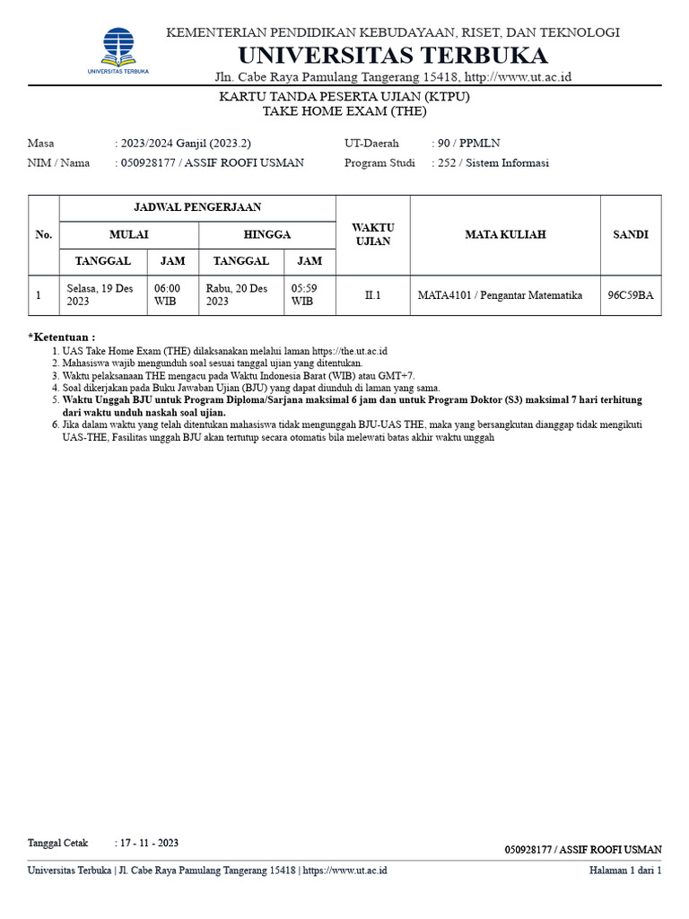 Kartu Ujian Mahasiswa Universitas Terbuka | PDF