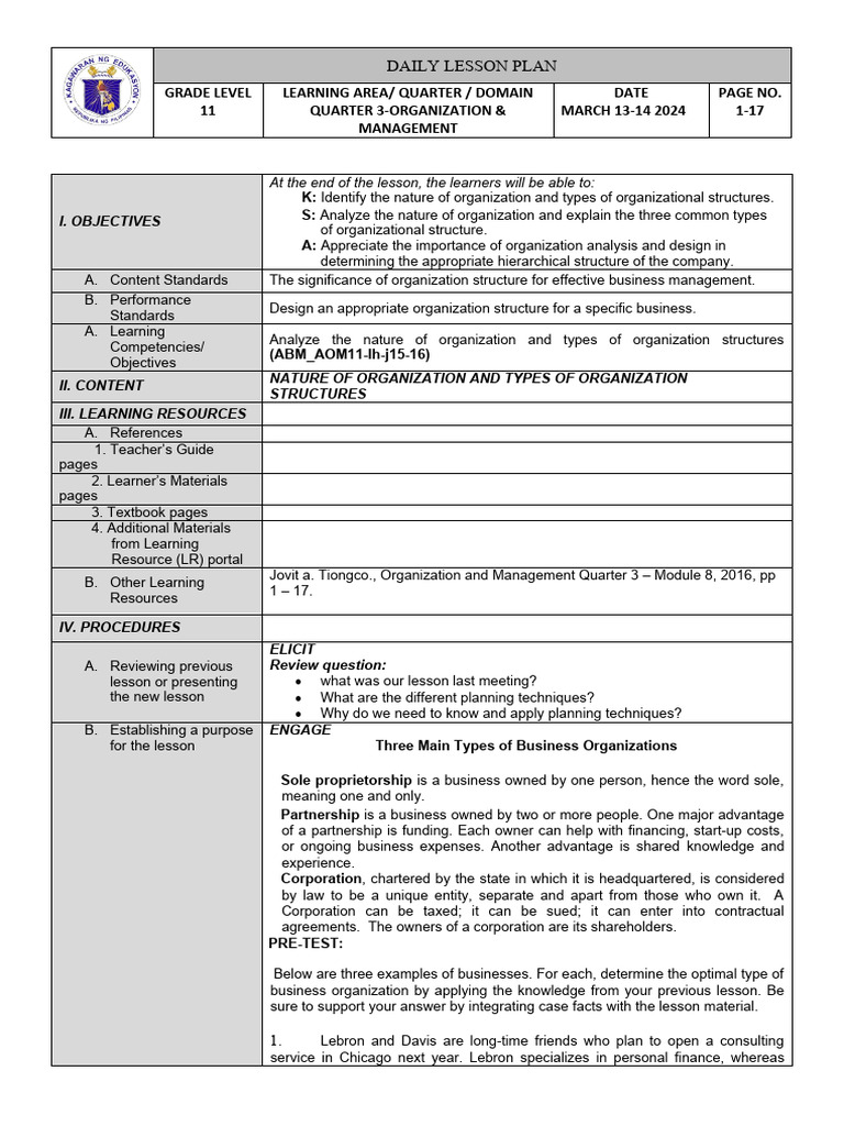 Grade 11 Organization & Management Plan | PDF