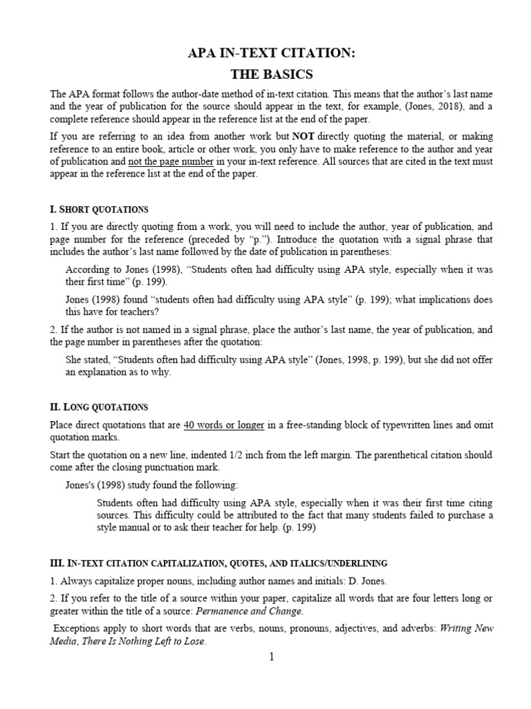 Apa In Text Citation The Basics Hort Quotations Pdf Citation