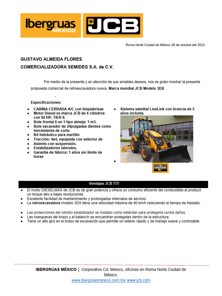 Propuesta Retroexcavadora JCB 3DX en CDMX | PDF | Vehículo de motor ...