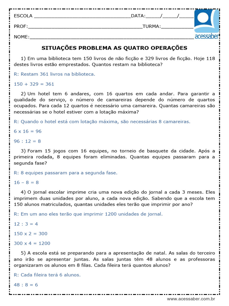 Atividade de Matematica Situacoes Problema As Quatro Operacoes 5 Ano e ...