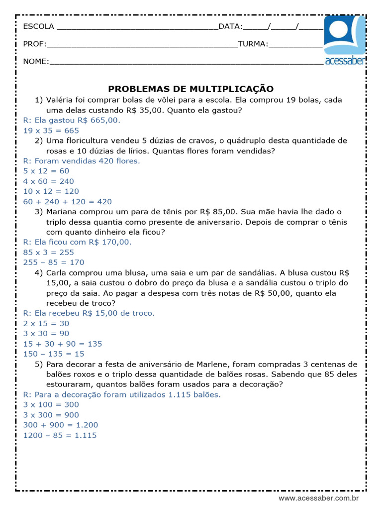 Problemas de Multiplicação para 4º Ano | PDF