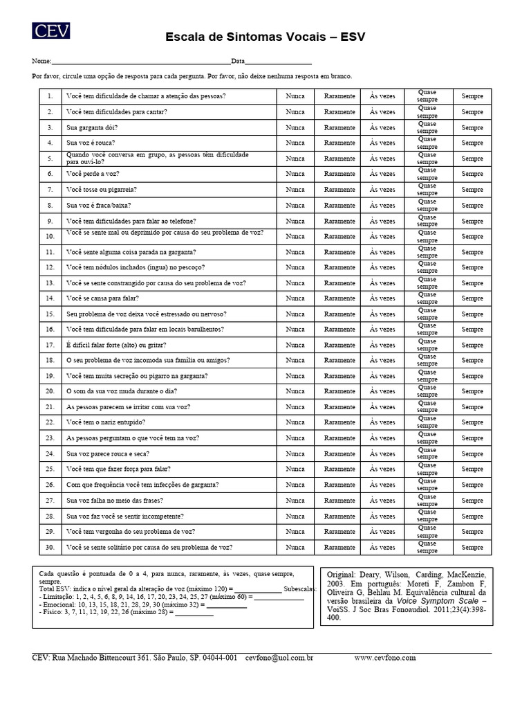 Escala de Sintomas Vocais - ESV | PDF