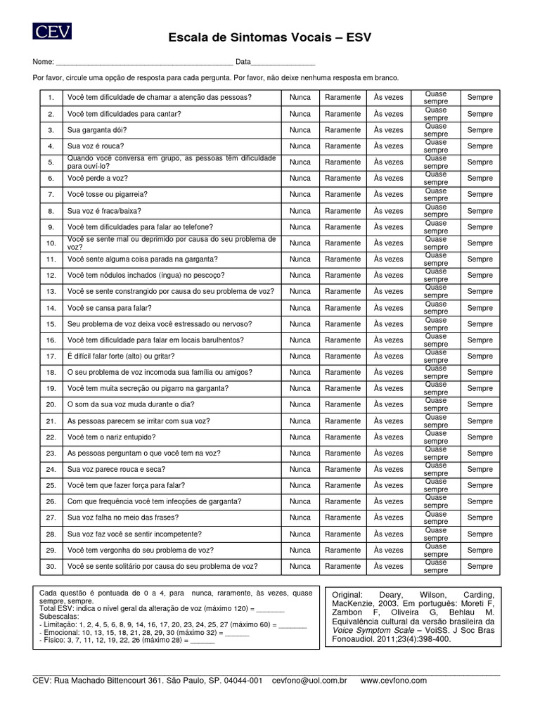 Escala de Sintomas Vocais - ESV | PDF