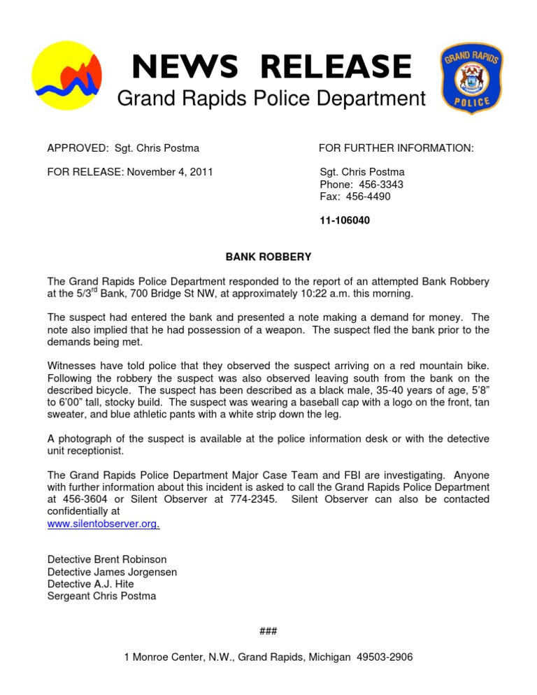 Grand Rapids Bank Robbery Attempt Report | PDF | Detective | Law ...