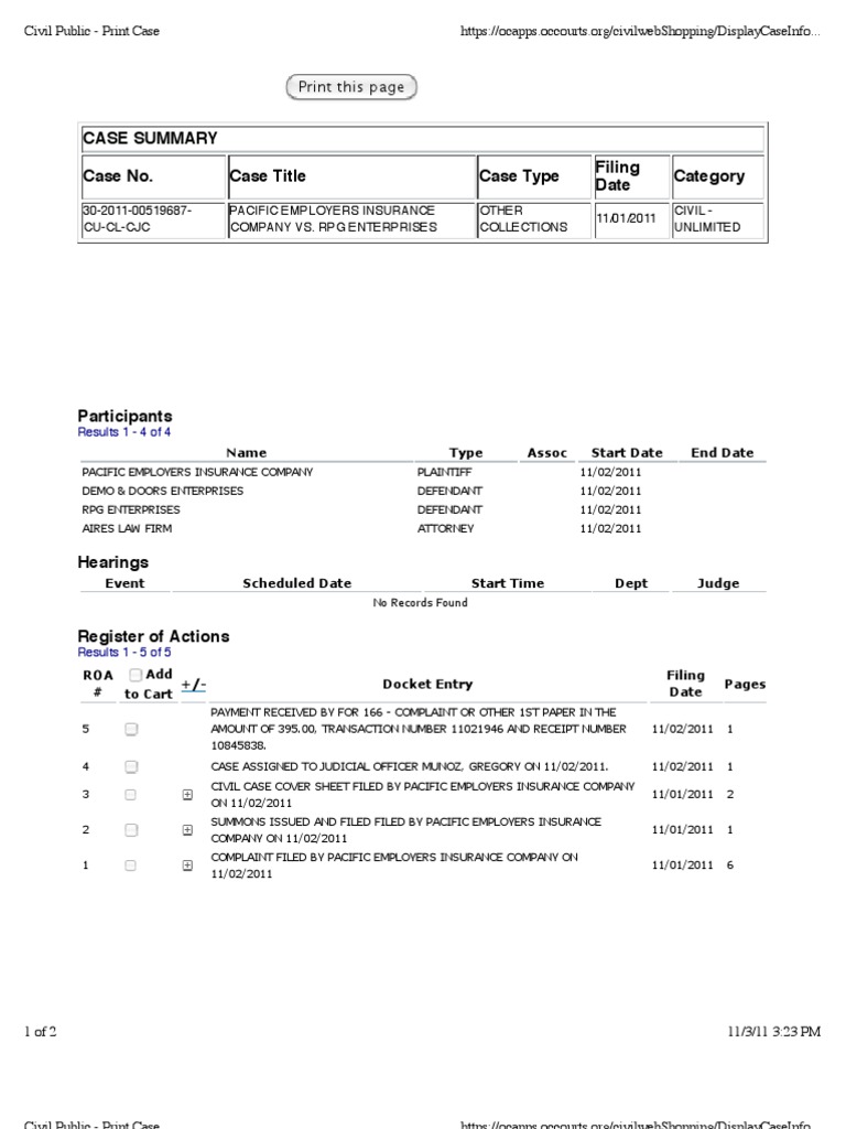 PACIFIC EMPLOYERS INSURANCE COMPANY v. RPG ENTERPRISES Docket | PDF | Law