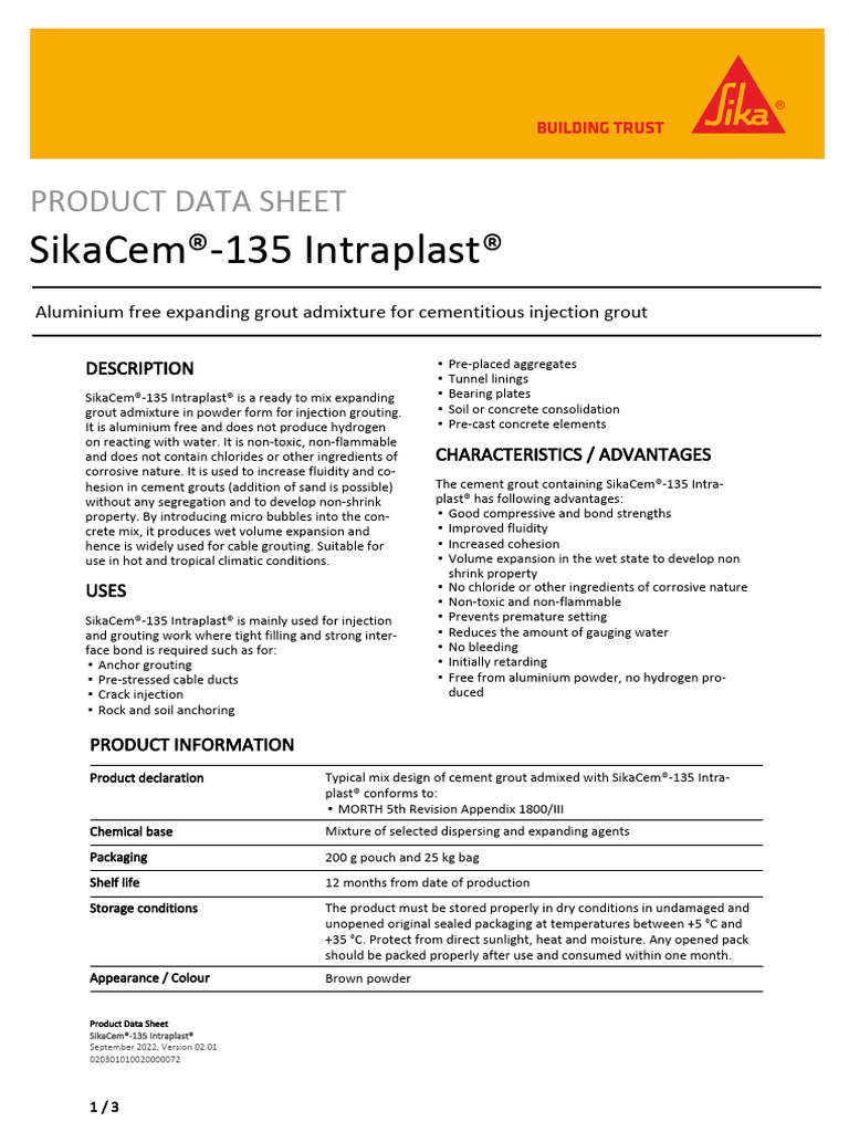 TDS SikaCem 135intraplast | PDF | Concrete | Mortar (Masonry)
