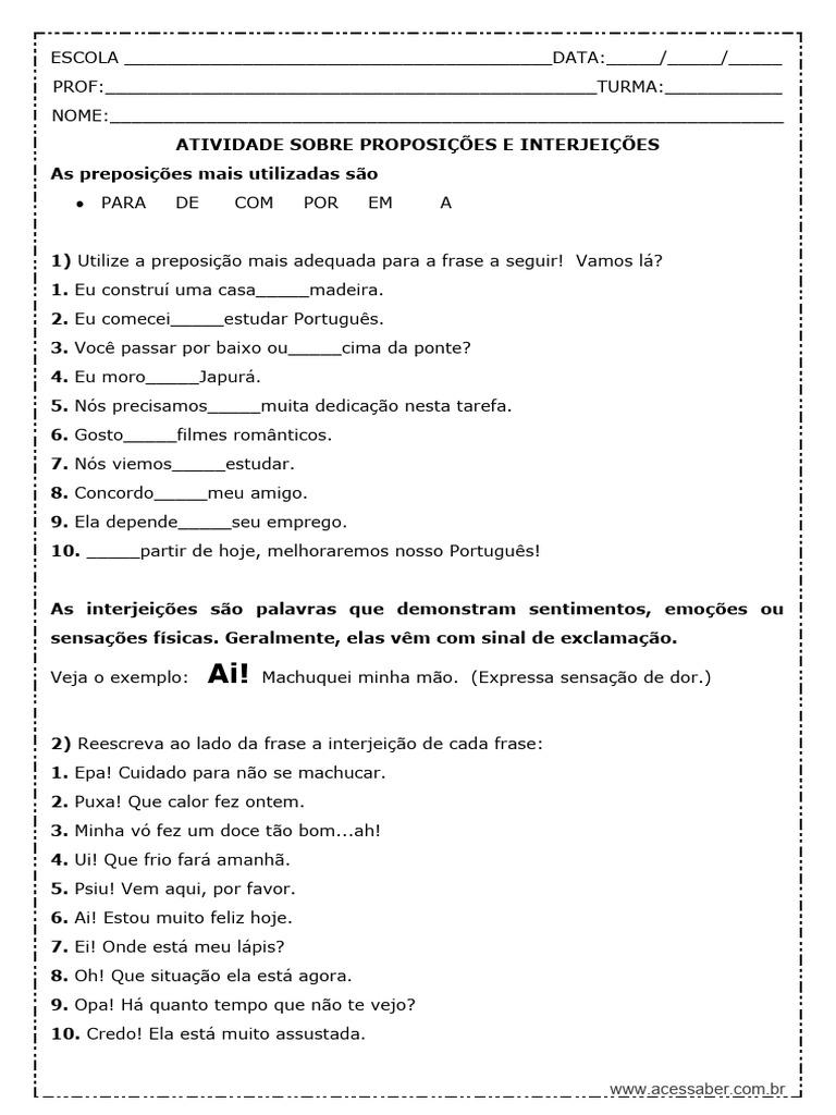 Prova de Português Atividade Sobre Preposição e Interjeição 6º Ano Do ...
