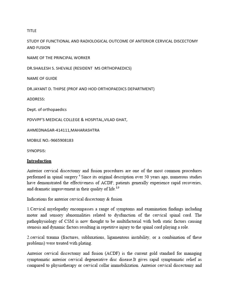 ACDF Outcomes: Functional & Radiological Study | PDF | Vertebra ...