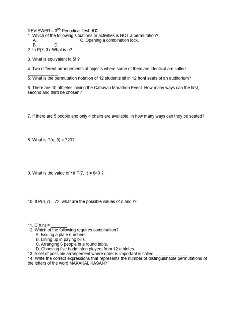 Permutations and Combinations Test Questions | PDF | Probability ...