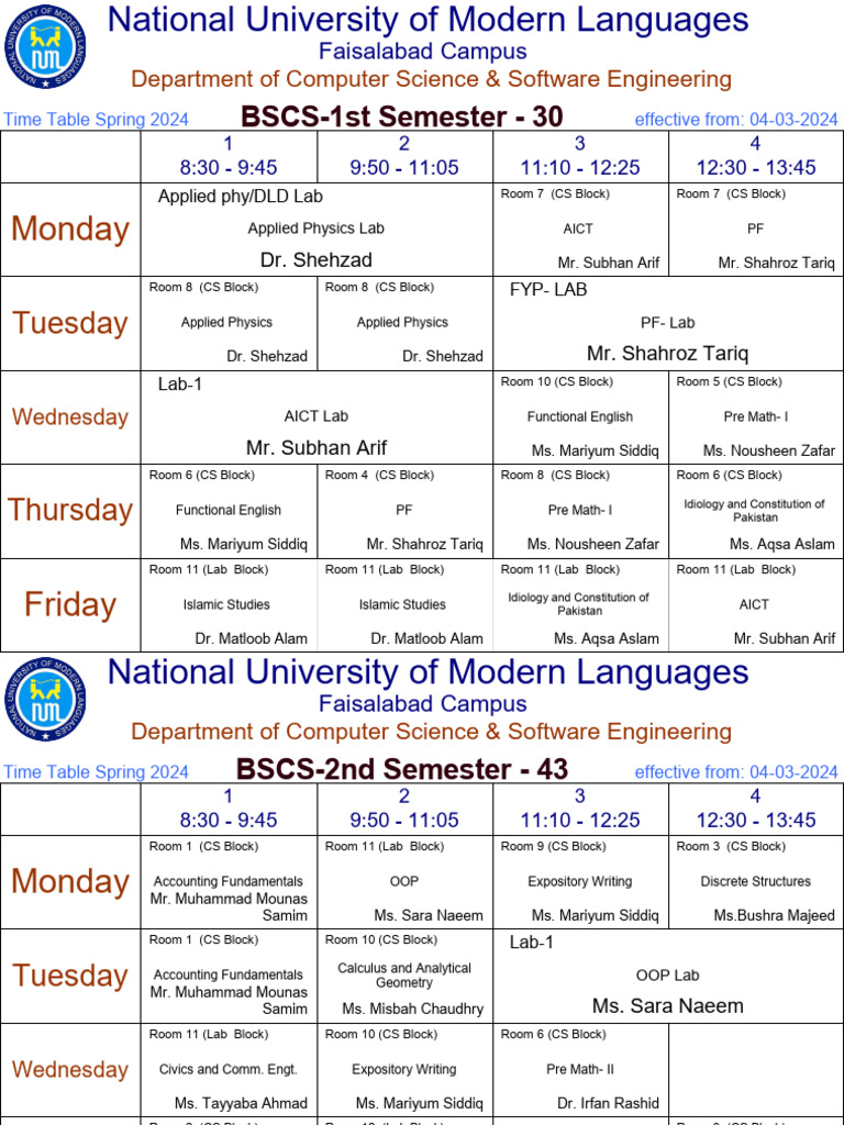 NUML BSCS & BSSE Spring 2024 Timetable | PDF