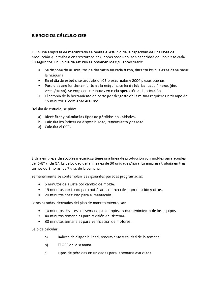 Ejercicios OEE | PDF | Hogar, jardinería y bricolaje