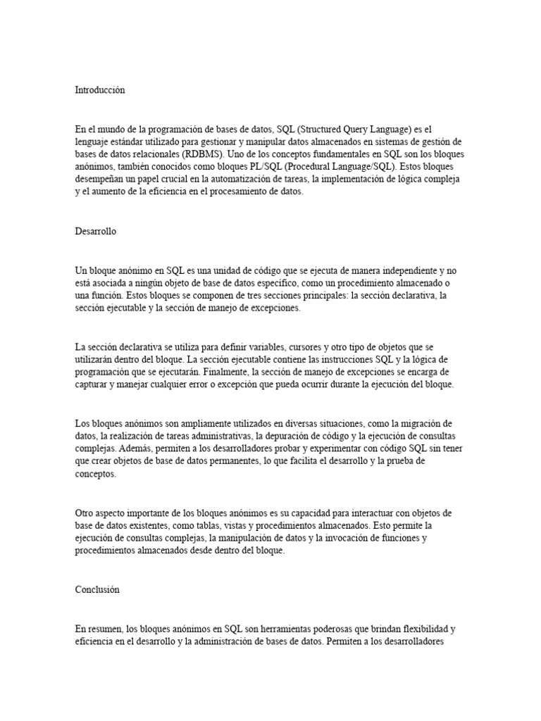 Bloques Anónimos en PL/SQL | PDF | SQL | Bases de datos