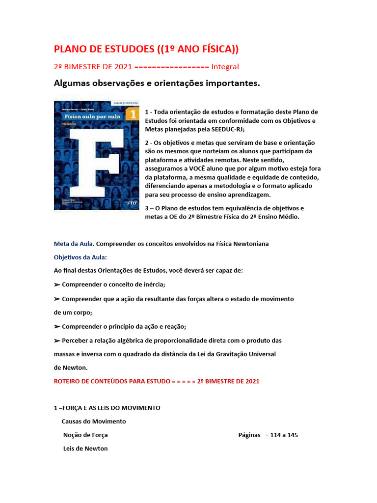 Plano de Estudos: Física 1º Ano 2021 | PDF | Força | Leis do Movimento ...