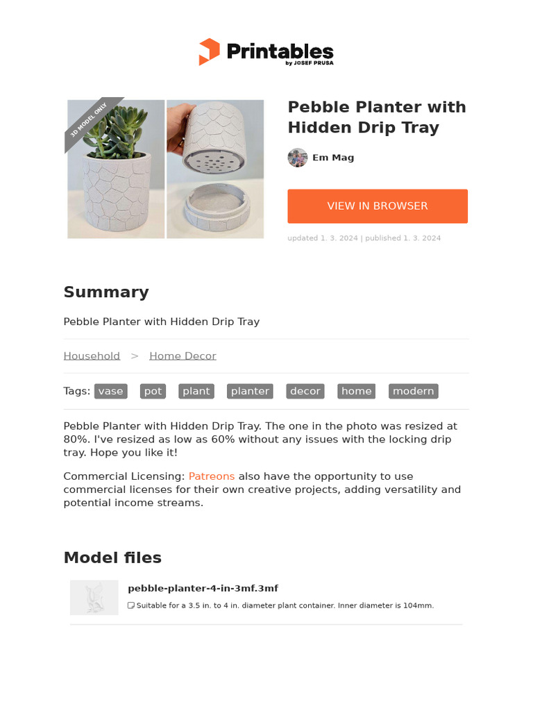 Pebble Planter With Hidden Drip Tray | PDF