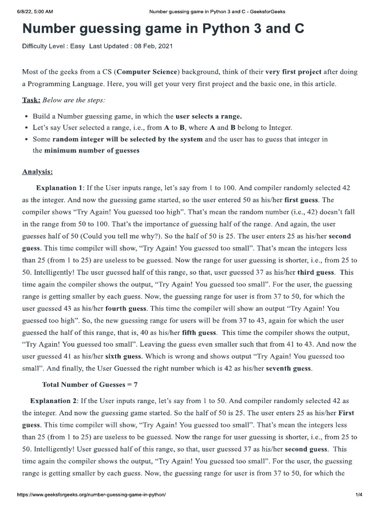 Numbering Guessing Game With Python | PDF