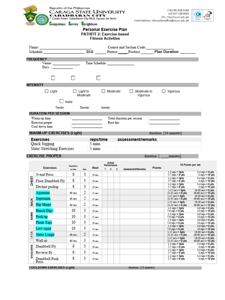 Personal Exercise Plan PATHFit 2 Midterms PDF Strength Training
