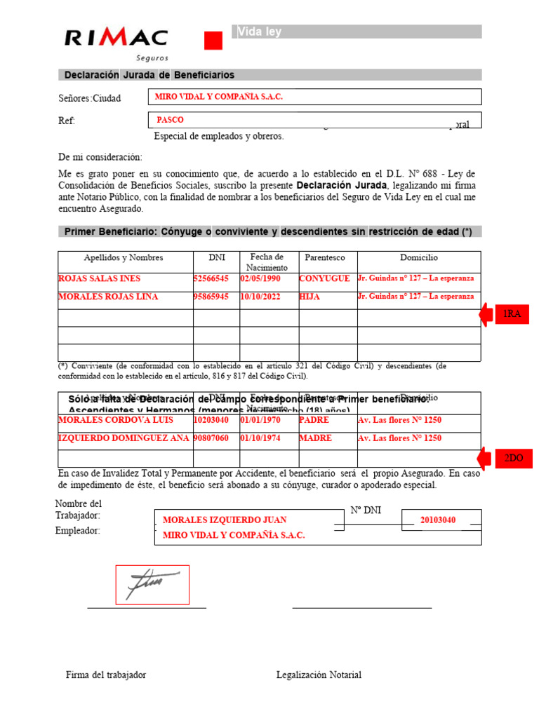 Declaración Jurada de Beneficiarios Vida Ley | PDF | Instituciones sociales